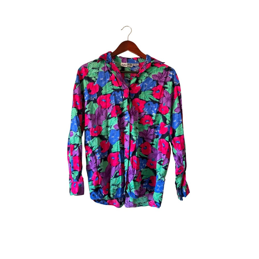 Krazy Kat Vintage 80s 90s Floral Rayon Button Up Blouse Pink Blue Green‎ Large